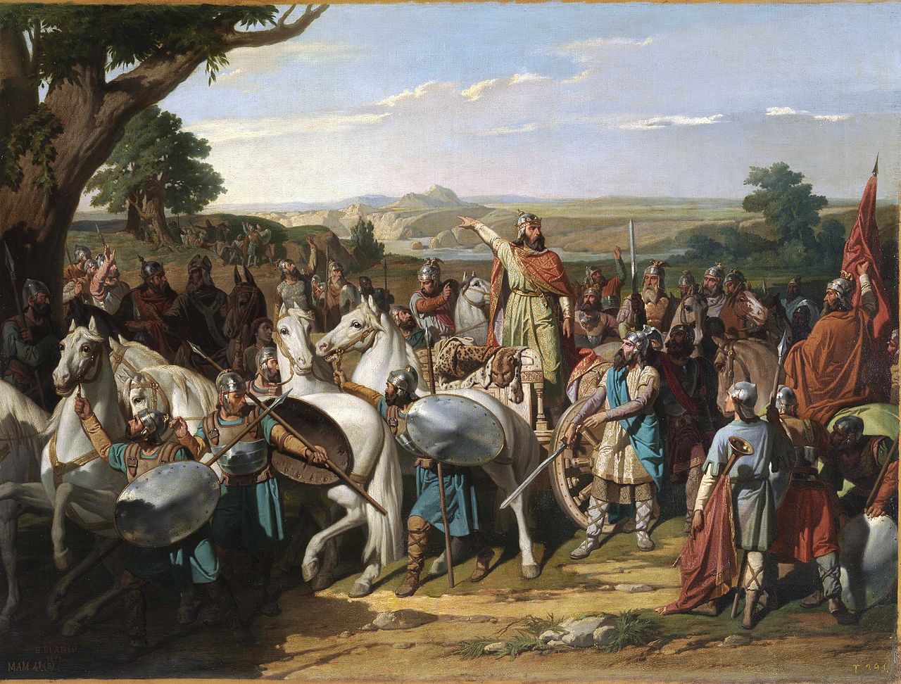 El rey Don Rodrigo arengando a sus tropas en la batalla de Guadalete, de Bernardo Blanco. 1871.