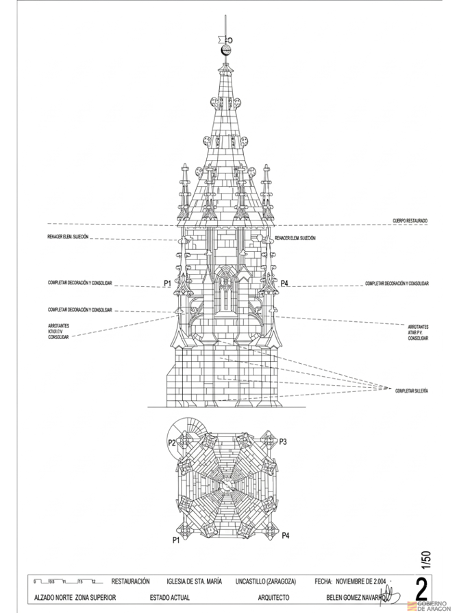Plano nº. 2 de la memoria del proyecto de restauración de la torre de la iglesia de Santa María de Uncastillo