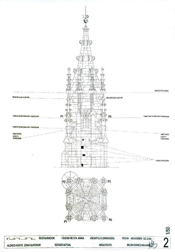 Plano nº. 2 de la memoria del proyecto de restauración de la torre de la iglesia de Santa María de Uncastillo