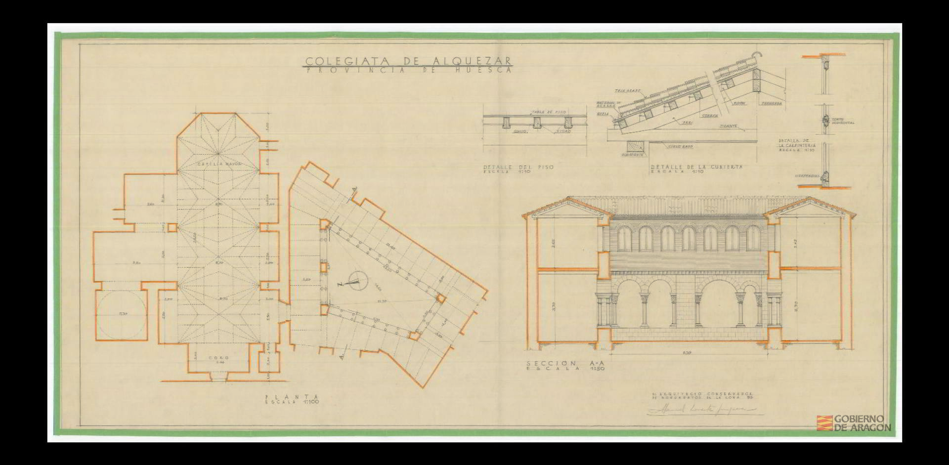Plano de Manuel Lorente Junquera relativo al proyecto de restauración ejecutado en la Colegiata de Santa María en el año 1958. En el plano se aprecia la reconstrucción que el arquitecto proyectó en la galería de arquillos aragonesa superior de la crujía adosada a la iglesia.