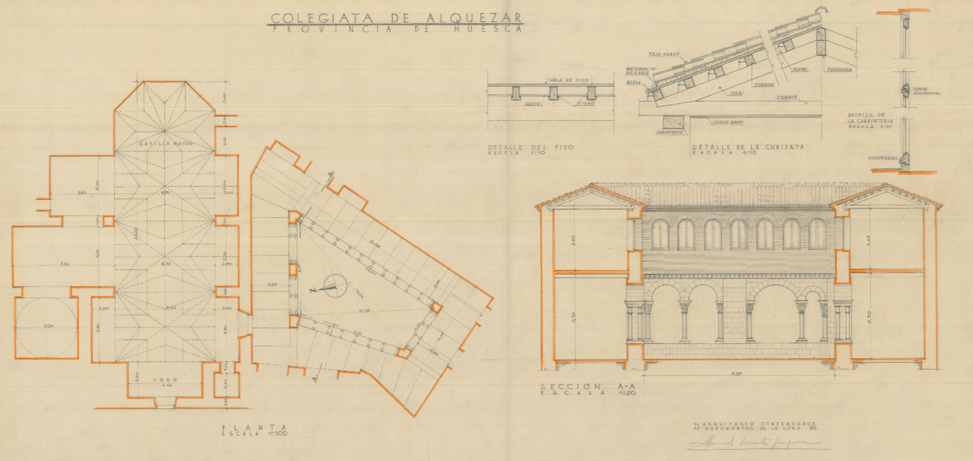 Plano de Manuel Lorente Junquera relativo al proyecto de restauración ejecutado en la Colegiata de Santa María en el año 1958. En el plano se aprecia la reconstrucción que el arquitecto proyectó en la galería de arquillos aragonesa superior de la crujía adosada a la iglesia.