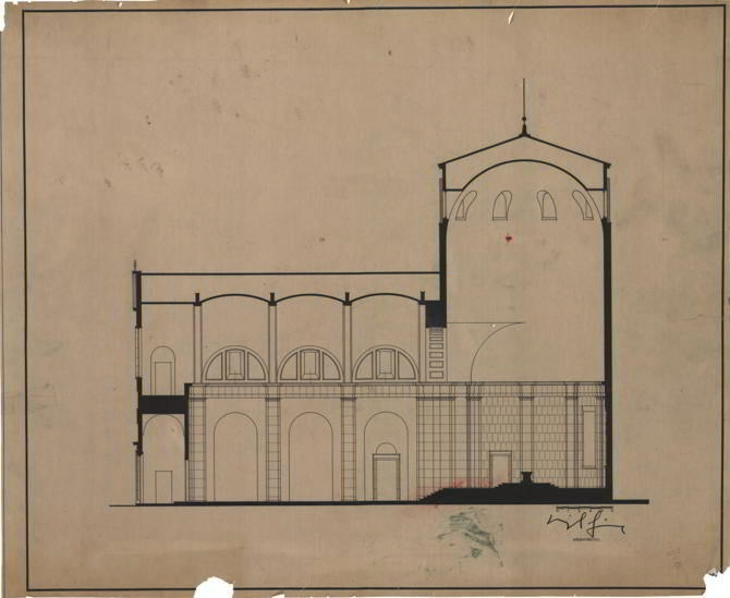 Capilla del Espíritu Santo, Madrid. Miguel Fisac. Sección longitudinal