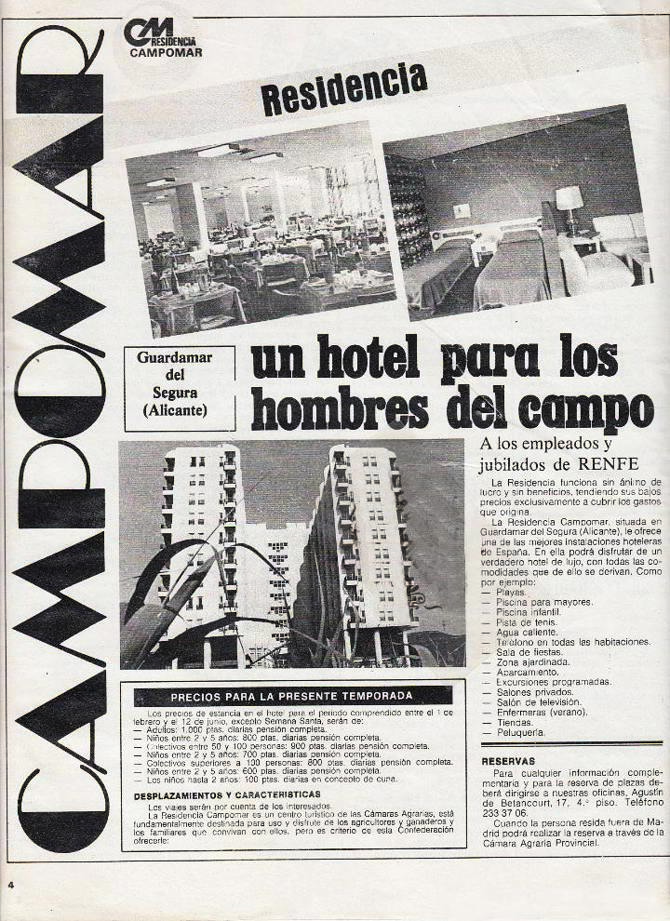 Inserción publicitaria de la Residencia Campomar, de Alfonso Navarro Guzmán, en Renfe