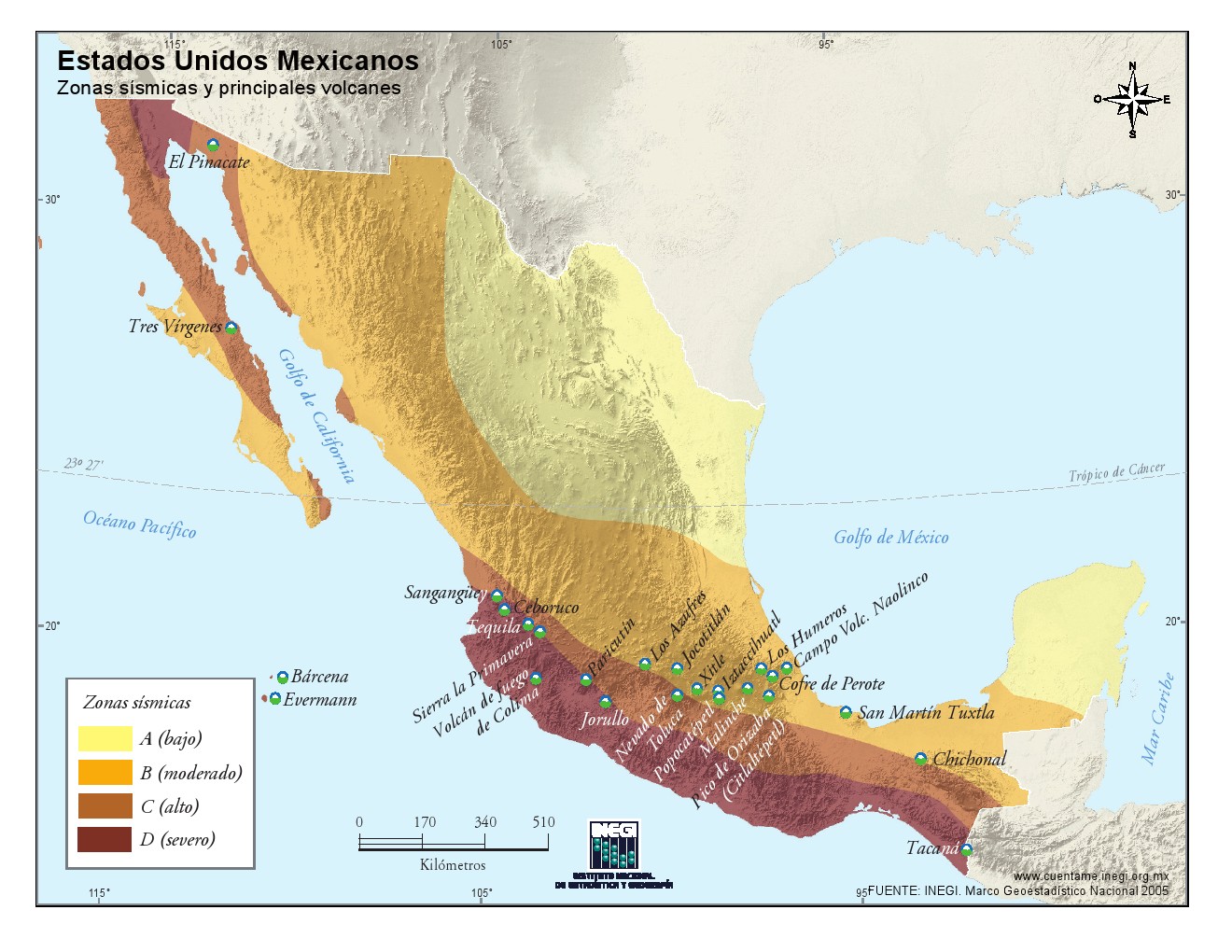 Mapa sísmico de México. INEGI de México