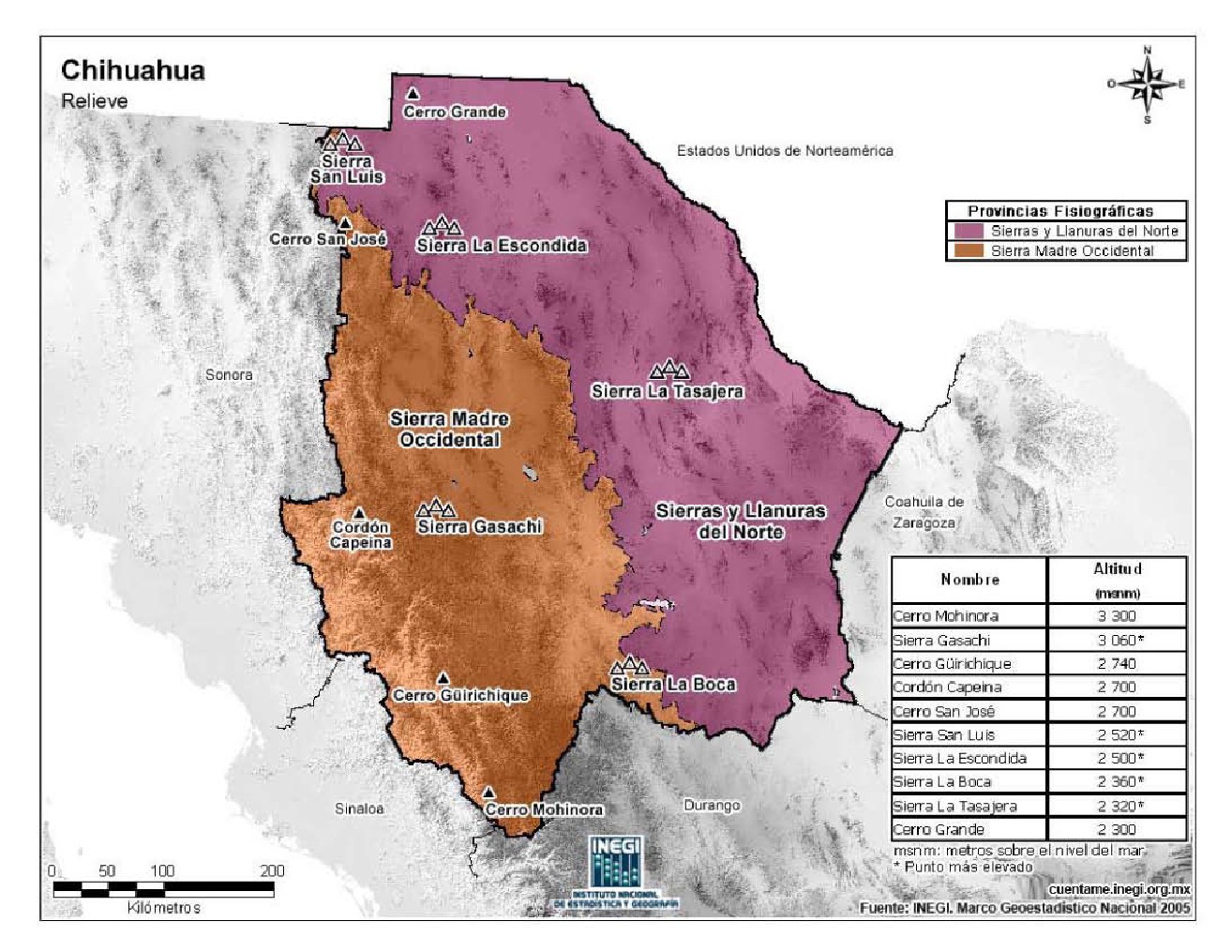 Mapa en color de montañas de Chihuahua. INEGI de México