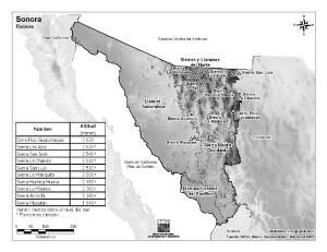 Mapa de montañas de Sonora. INEGI de México