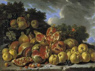 Bodegón con granadas, manzanas, acerolas y uvas en un paisaje