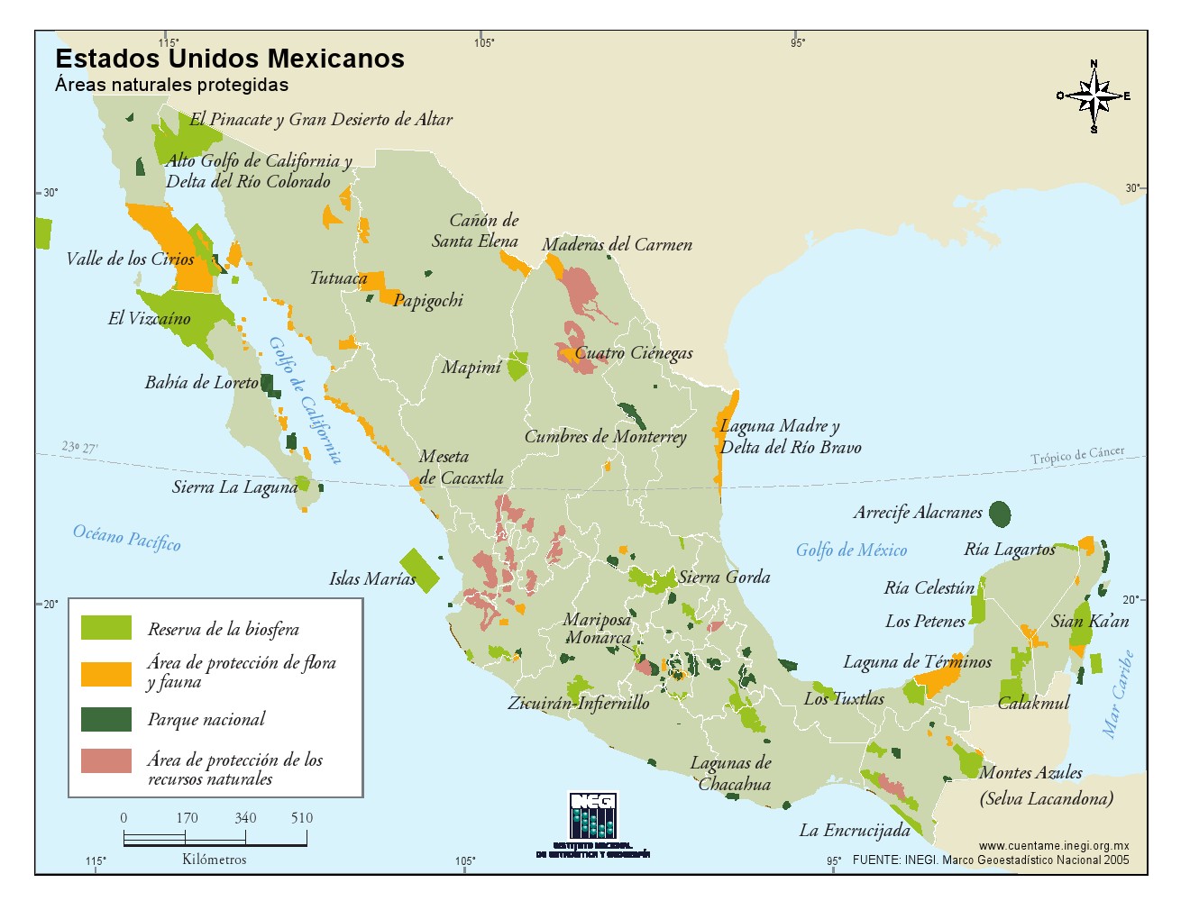 Mapa de áreas naturales de México. INEGI de México