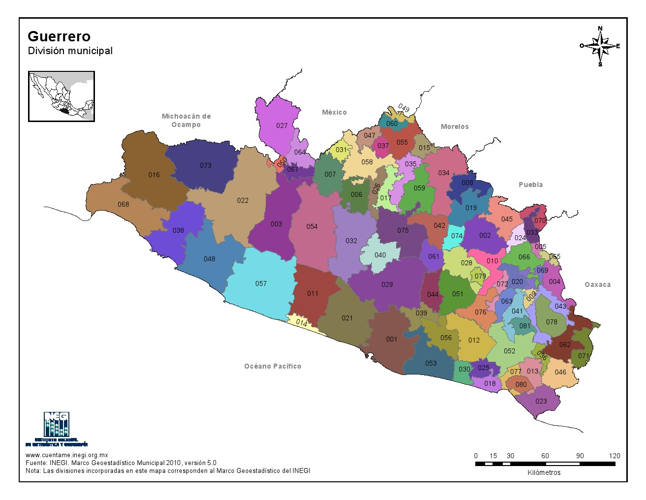 Mapa en color de los municipios de Guerrero. INEGI de México