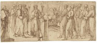 El rey David ante un altar acompañado por su séquito (¿?) y sacerdotes en procesión [siguiendo el Arca de la Alianza (¿?)]