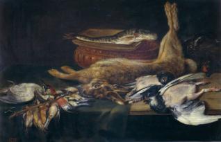 Bodegón: liebre, pájaros muertos y pescados