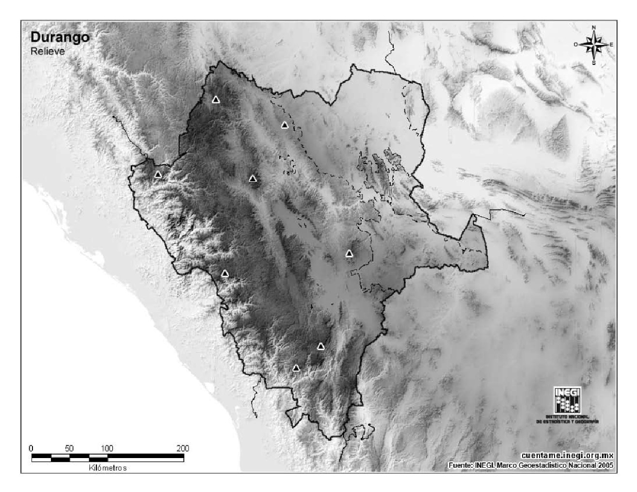 Mapa mudo de montañas de Durango. INEGI de México