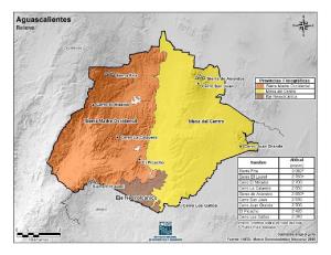 Mapa en color de montañas de Aguascalientes. INEGI de México