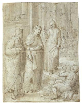 El joven Jesús saliendo del Templo tras su discusión con los Doctores, acompañado por la Virgen María y San José.