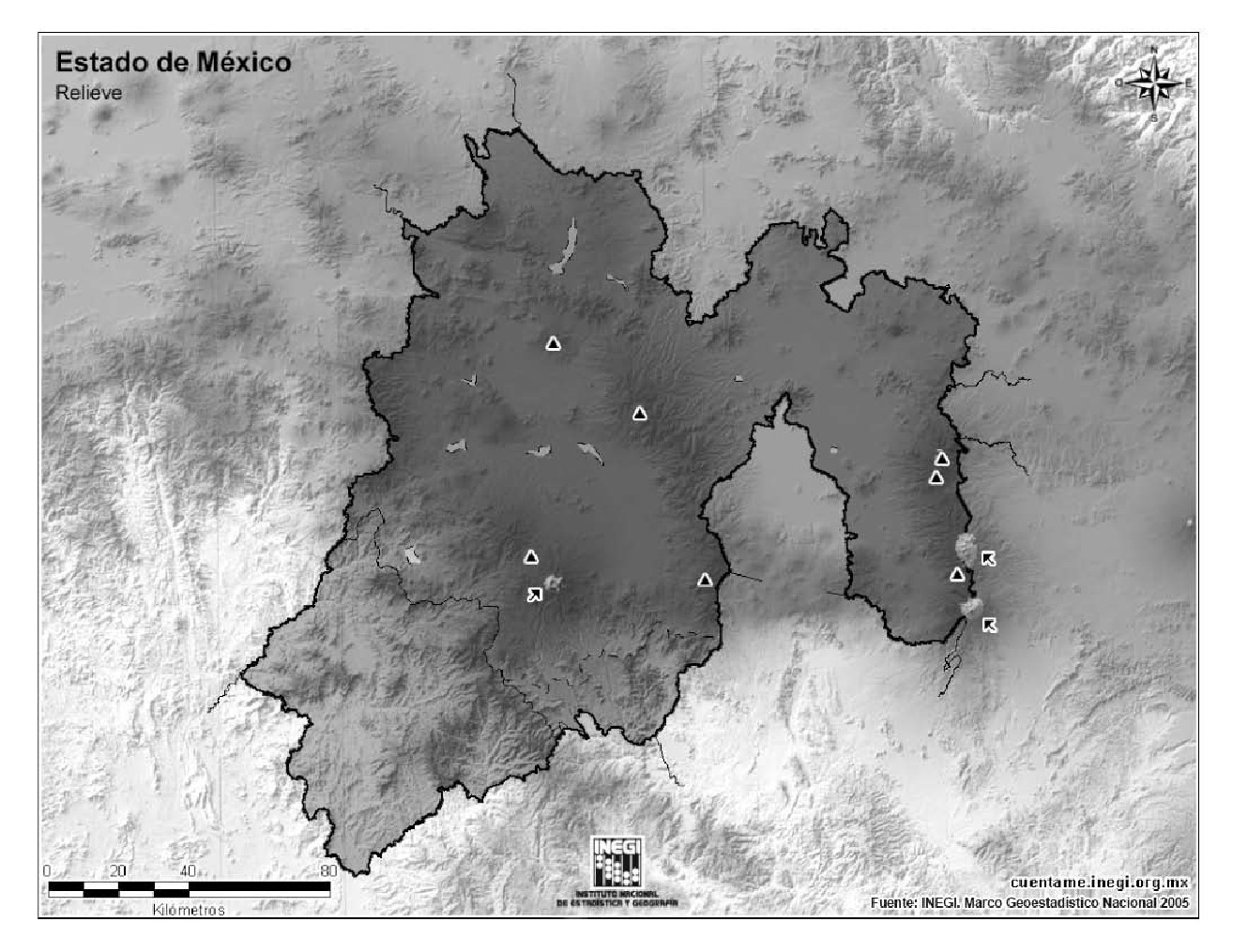 Mapa mudo de montañas del Estado de México. INEGI de México