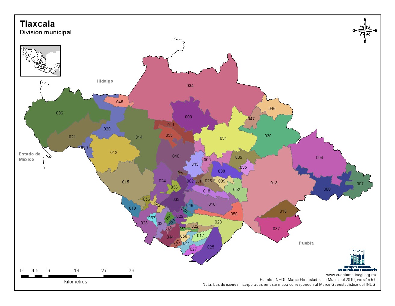 Mapa en color de los municipios de Tlaxcala. INEGI de México