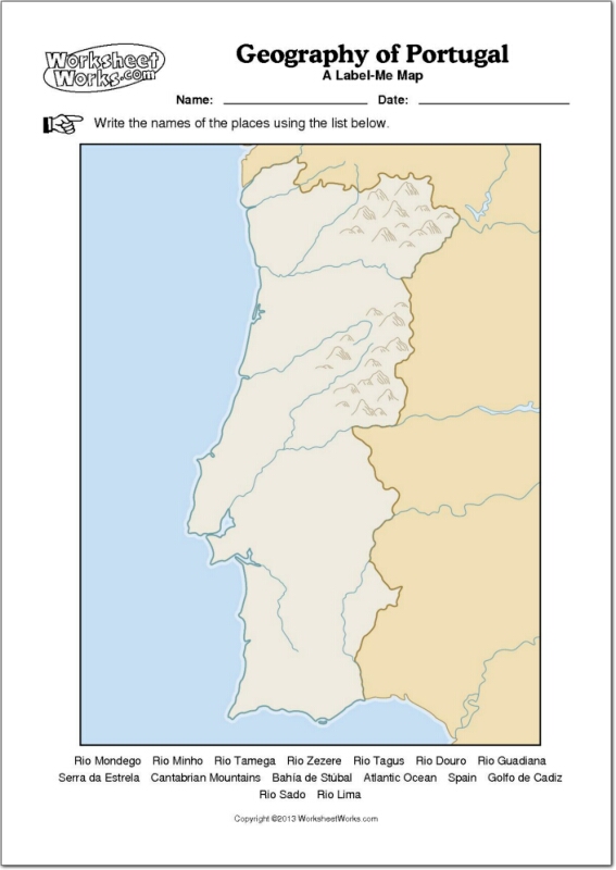 Mapa mudo de ríos y montañas de Portugal. WorksheetWorks