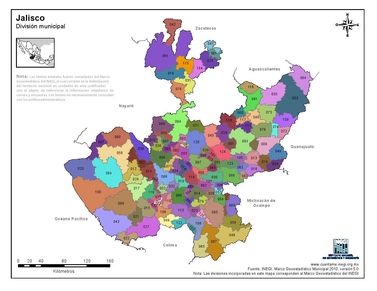 Mapa en color de los municipios de Jalisco. INEGI de México