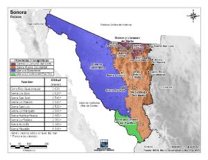 Mapa en color de montañas de Sonora. INEGI de México