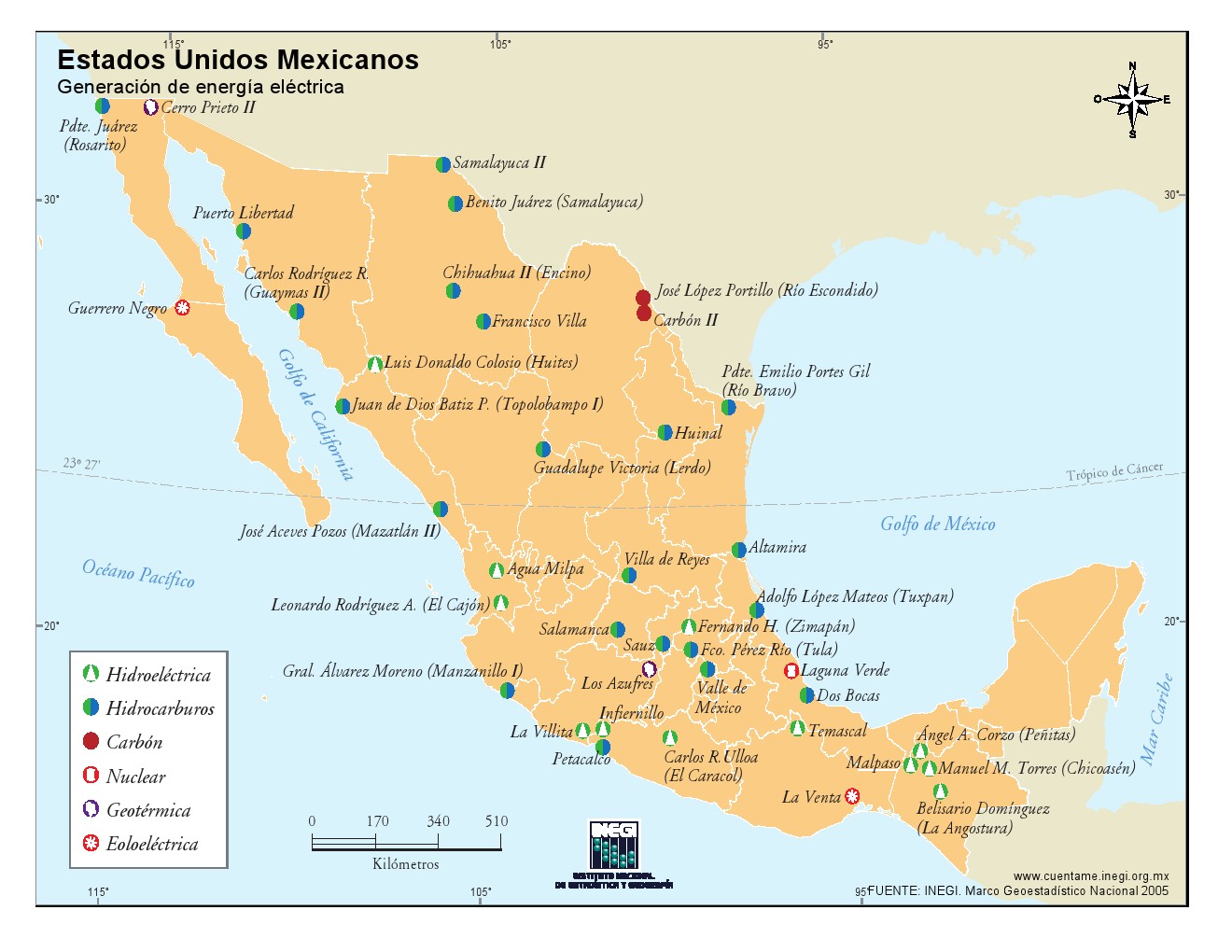 Mapa de generación de energía en México. INEGI de México