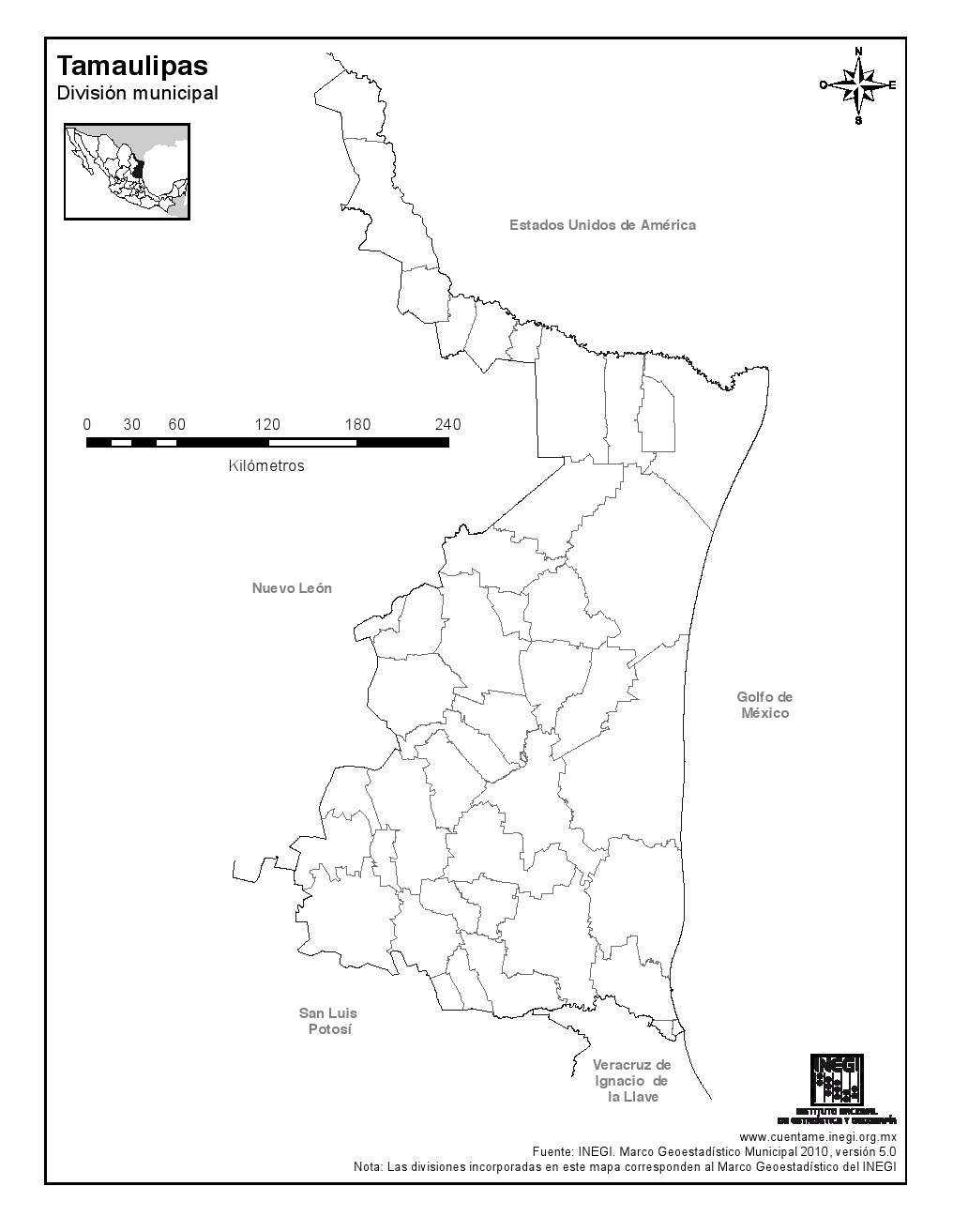 Mapa mudo de municipios de Tamaulipas. INEGI de México