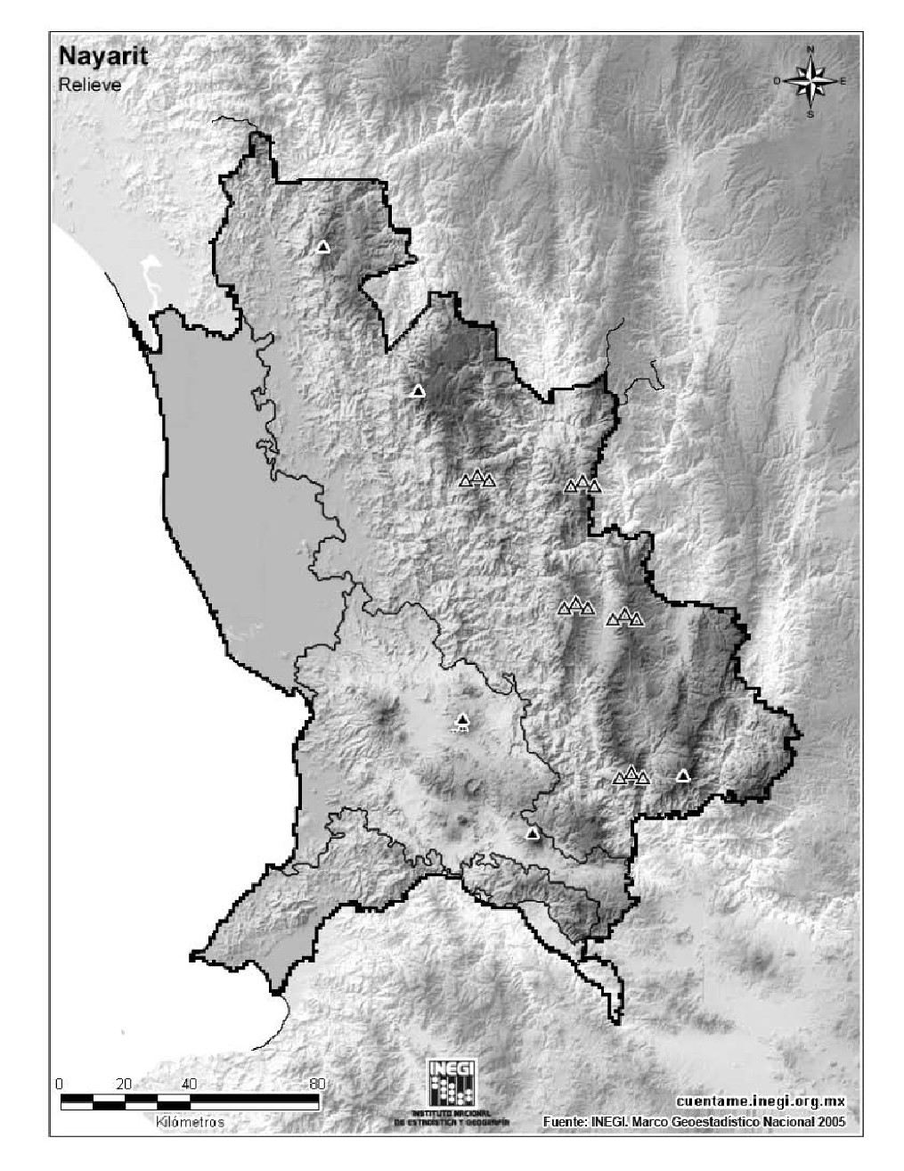 Mapa mudo de montañas de Nayarit. INEGI de México