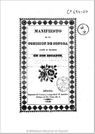 Manifiesto de la comisión de Sonora sobre su division en dos estados