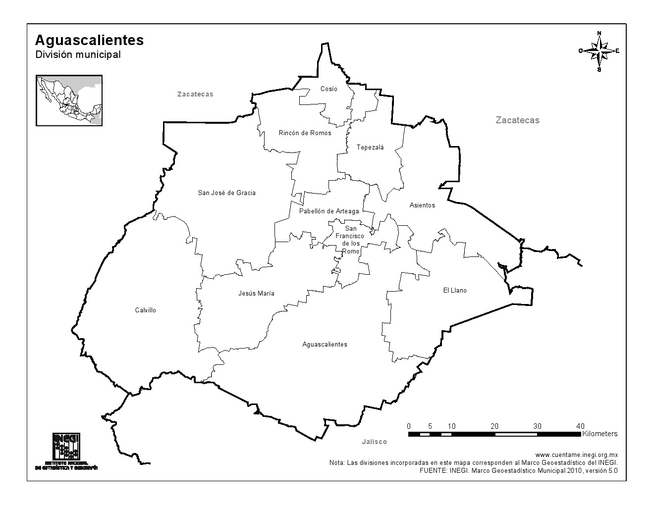 Mapa de municipios de Aguascalientes. INEGI de México