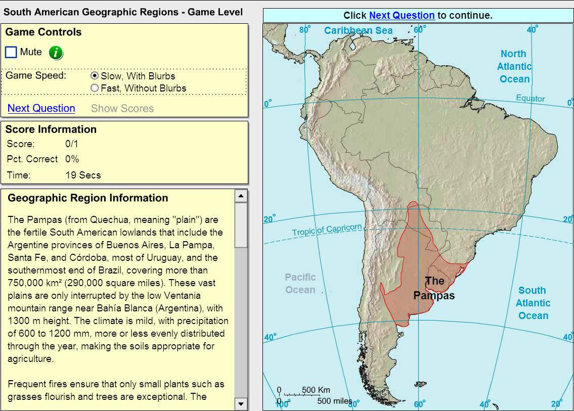 Geographic regions of South America. Game. Sheppard Software