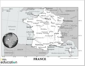Mapa de ciudades y ríos de Francia. National Geographic
