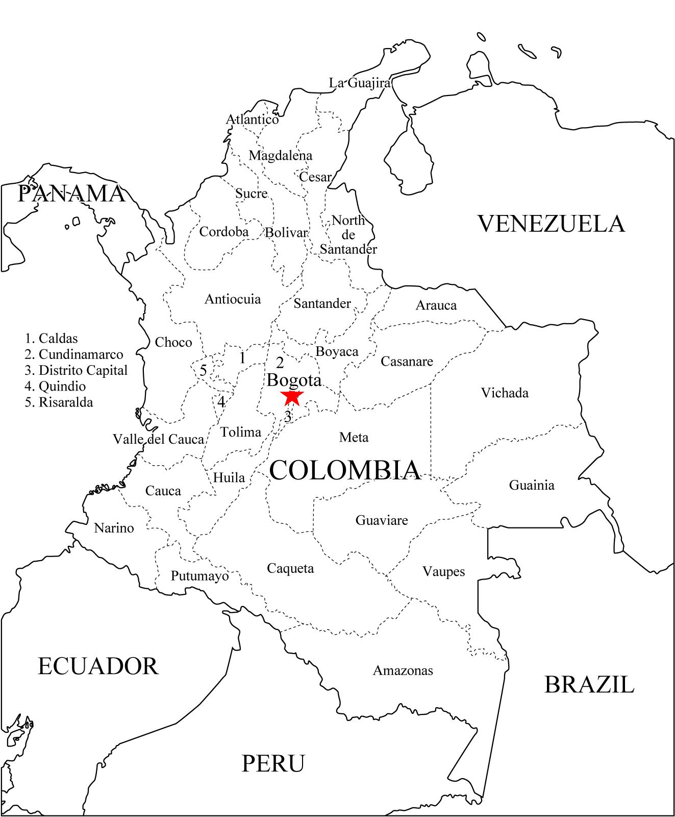Mapa de departamentos de Colombia. Freemap