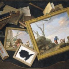 Mesa revuelta con pinturas, zanfonía, libros y otros objetos en trampantojo