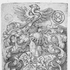 Escudo con águila sobre la corona del yelmo y cuatro aves en los campos