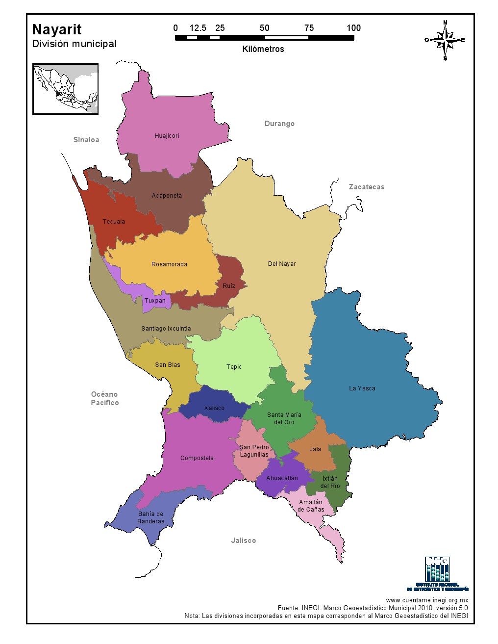 Mapa en color de los municipios de Nayarit. INEGI de México