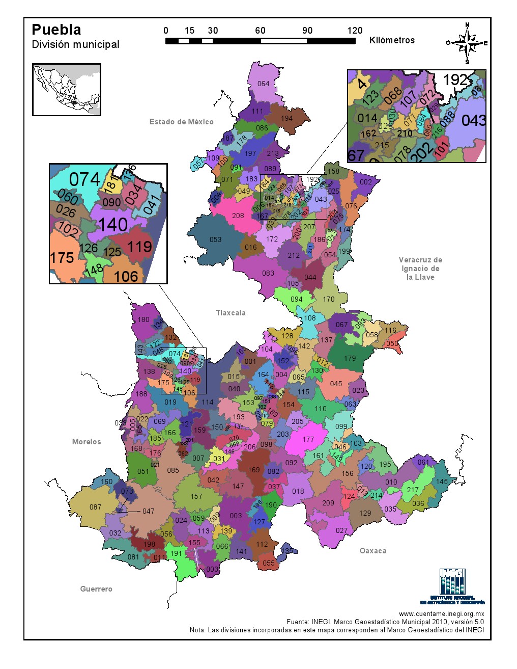 Mapa en color de los municipios de Puebla. INEGI de México