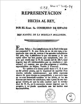 Representación hecha al Rey, por el Exmo. Sr. Consejero de Estado Don Manuel de la Bodega Mollinedo