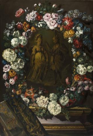 Guirnalda de flores con Mercurio y Minerva