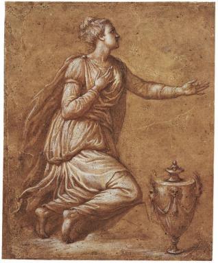 Figura femenina arrodillada, con una gran urna delante de ella [La Magdalena (¿?)]