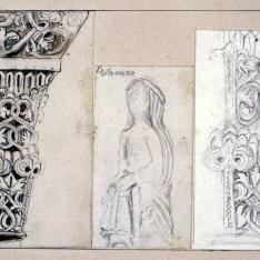 Detalles de capiteles y escultura de la iglesia de Lanuza, Huesca