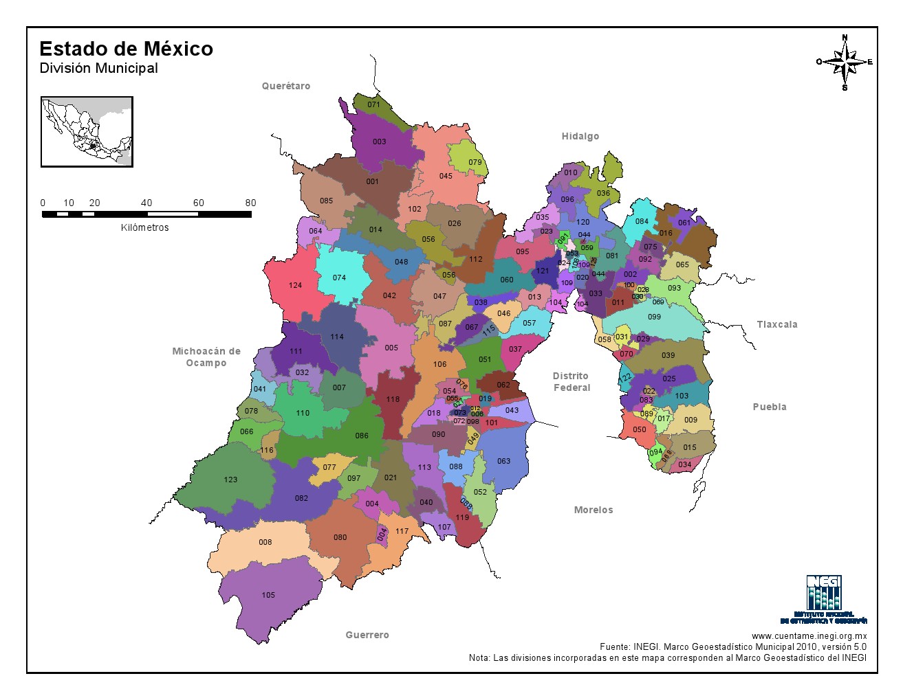 Mapa en color de los municipios del Estado de México. INEGI de México