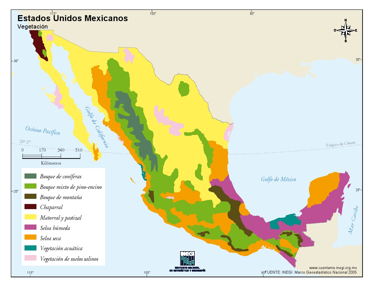 Mapa de vegetación de México. INEGI de México