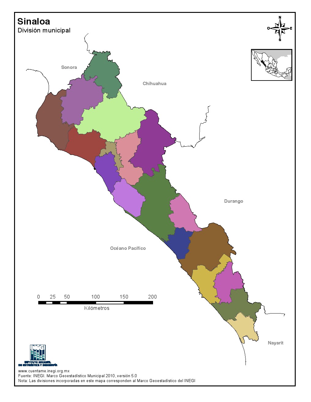 Mapa mudo de municipios de Sinaloa. INEGI de México
