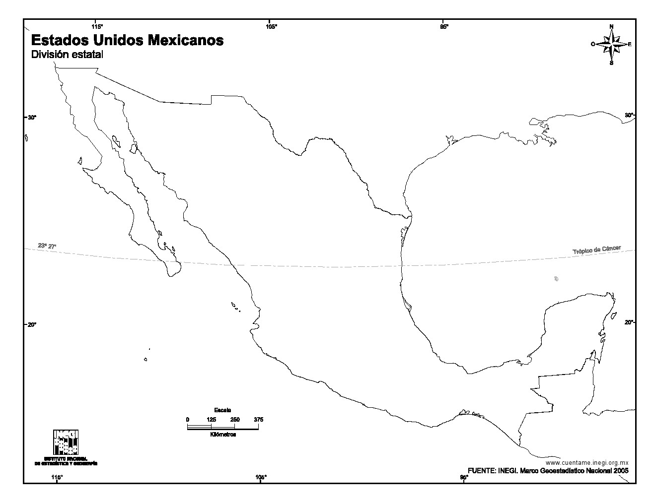 Mapa mudo de México. INEGI de México