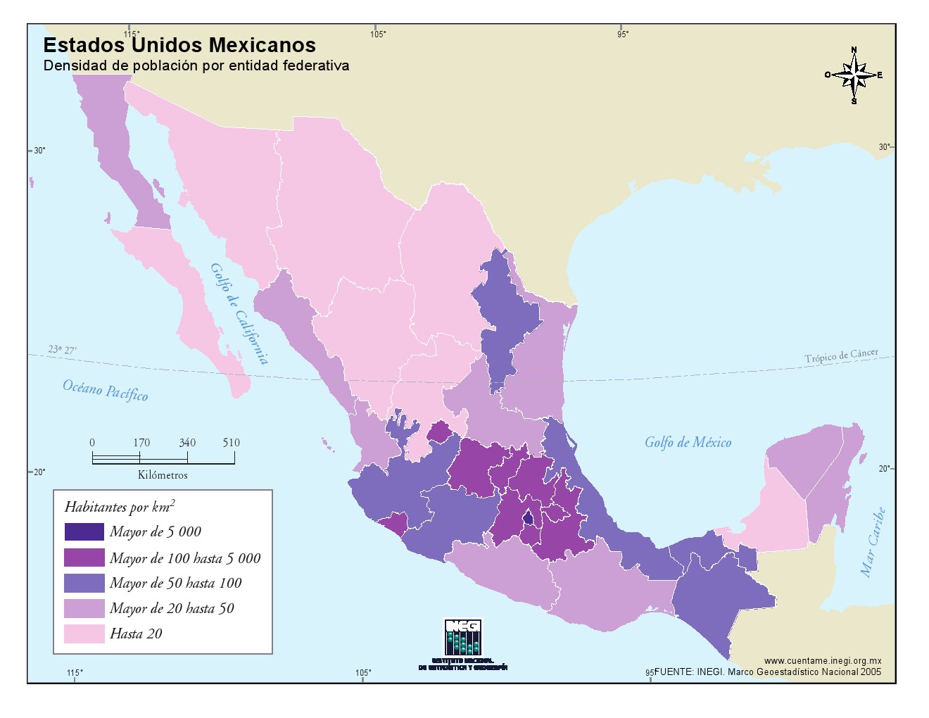 Mapa demográfico de México. INEGI de México