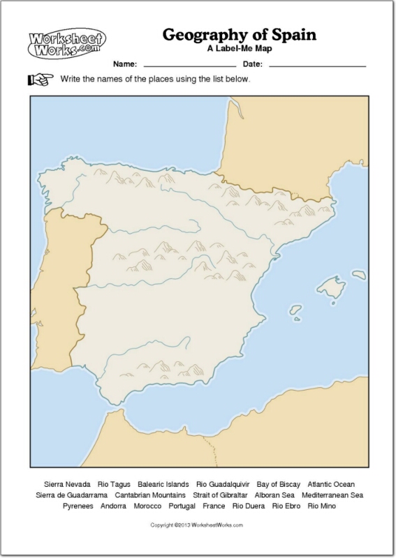 Mapa mudo de ríos y montañas de España. WorksheetWorks