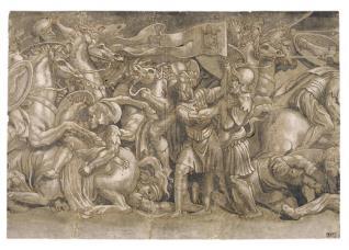 Escena de batalla con soldados levantando el estandarte de Clemente VII