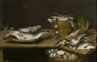 Bodegón: mesa con pescados, ostras y un gato