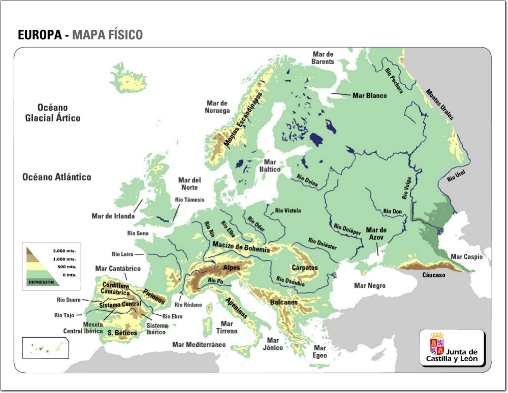 Mapa físico de Europa Mapa de relieve de Europa. JCyL - Mapas ...