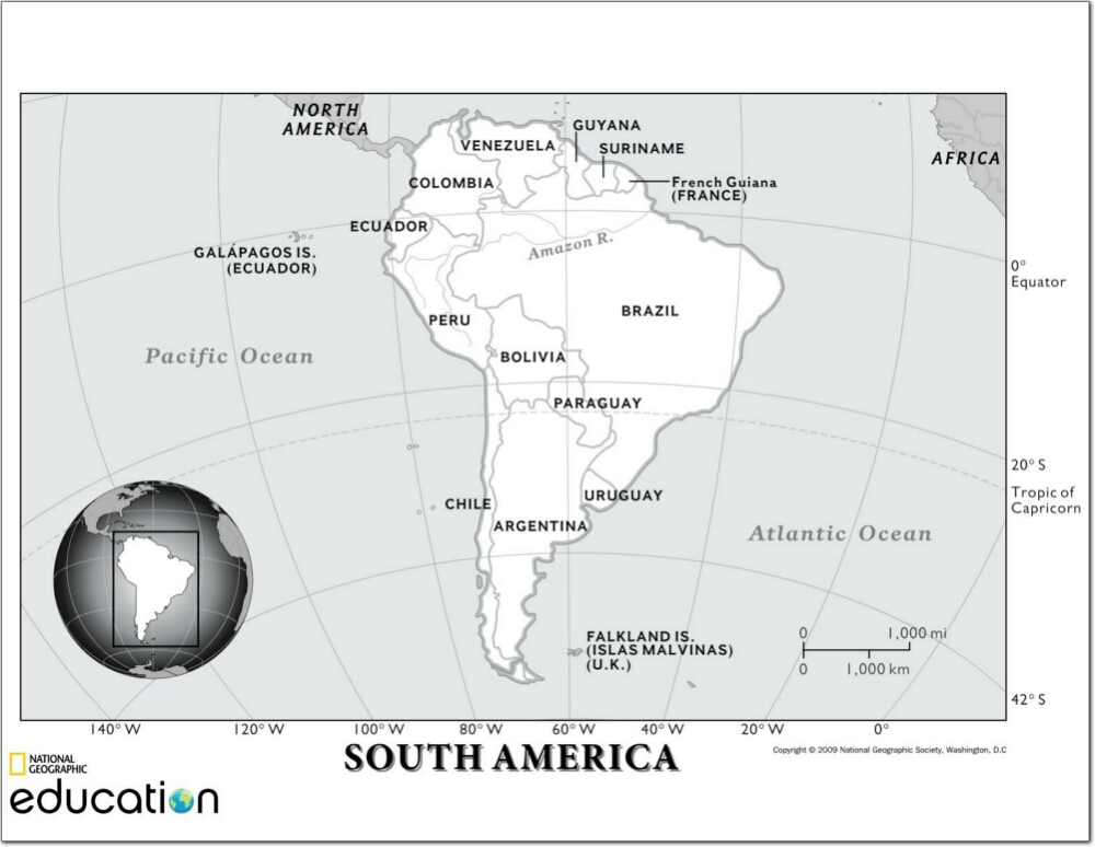 Mapa de países y ciudades de América del Sur. National Geographic