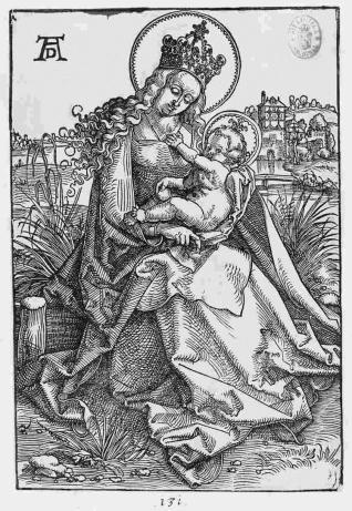 La Virgen con el Niño sobre un banco de césped